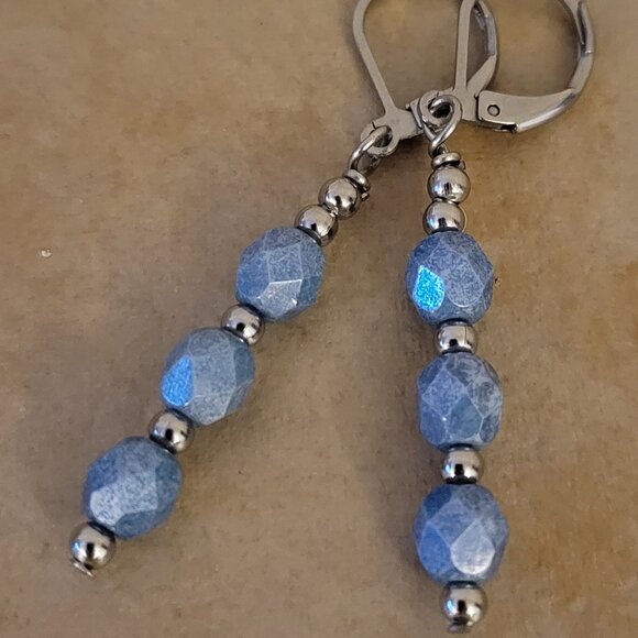 Denim Blue Czech Crystal Earrings Firepolished Stainless Leverback Earwires - Picture 4 of 6